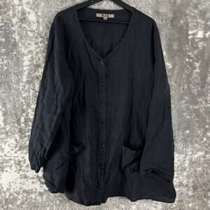Flax Size L Linen Minimalist Casual Button Top Black Long Sleeve V Neck